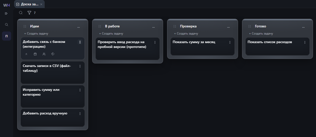 Пример бэклога приложения расходов на Kanban-доске WorkHub с семью задачами