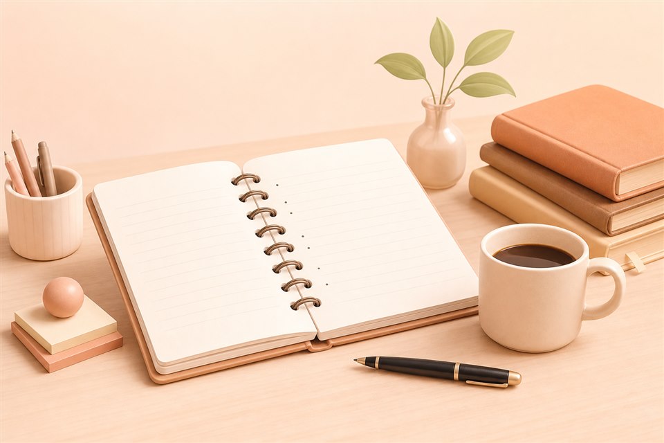 Открытый блокнот, книги, чашка кофе и ручка на столе писателя
